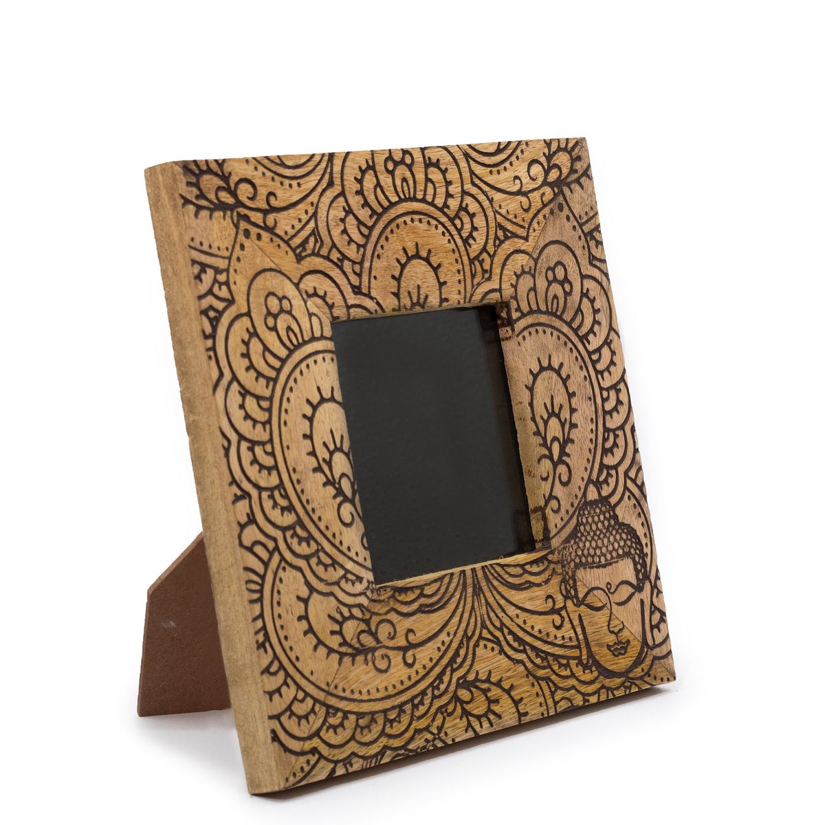 Small Mango Wood Photo Frame – Buddha, Black, for 10x10cm Photo