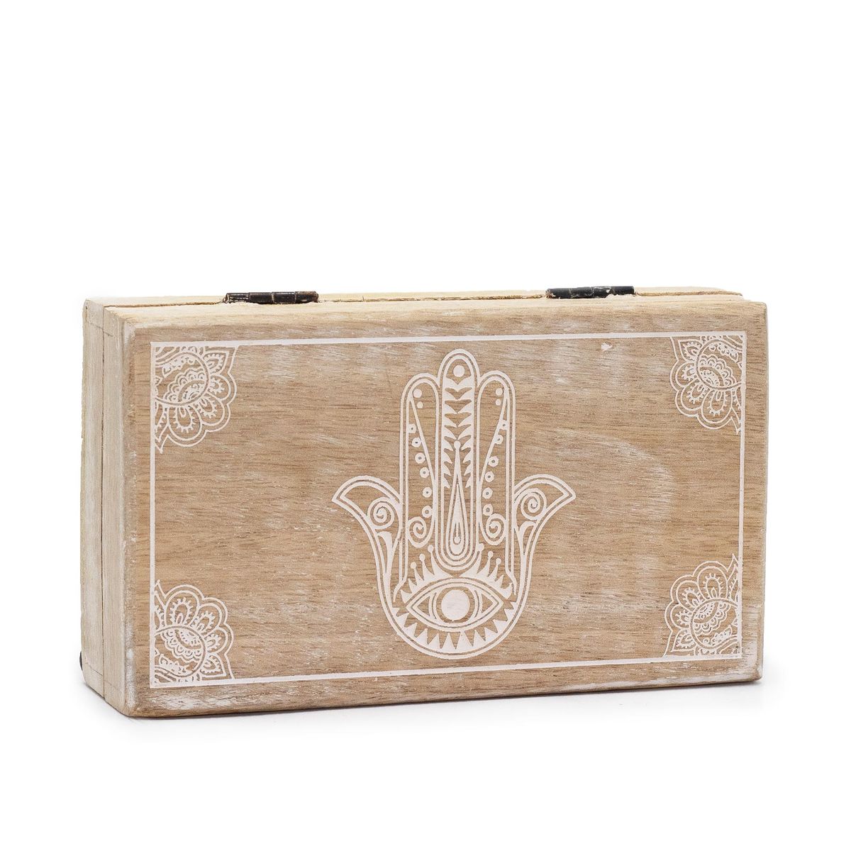 Mango Wood Box – Whitewash Hamsa, 17 x 10cm