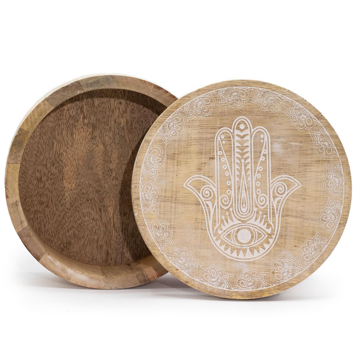 Mango Wood Round Box – Whitewash Hamsa, 17.5cm