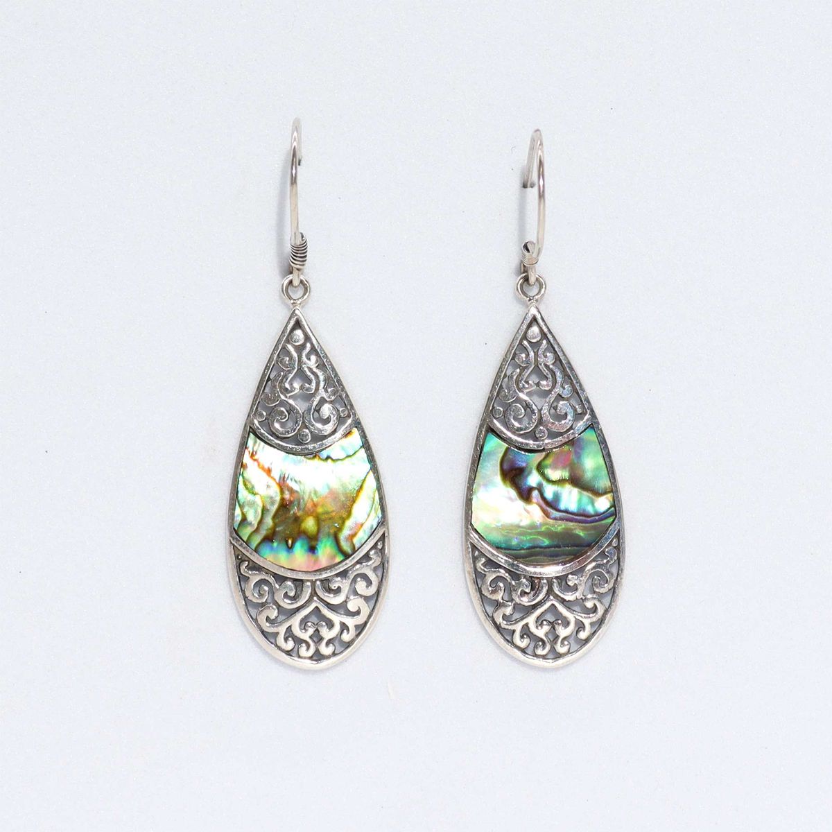 Shell & Silver Earrings – Teardrop Oval, Abalone