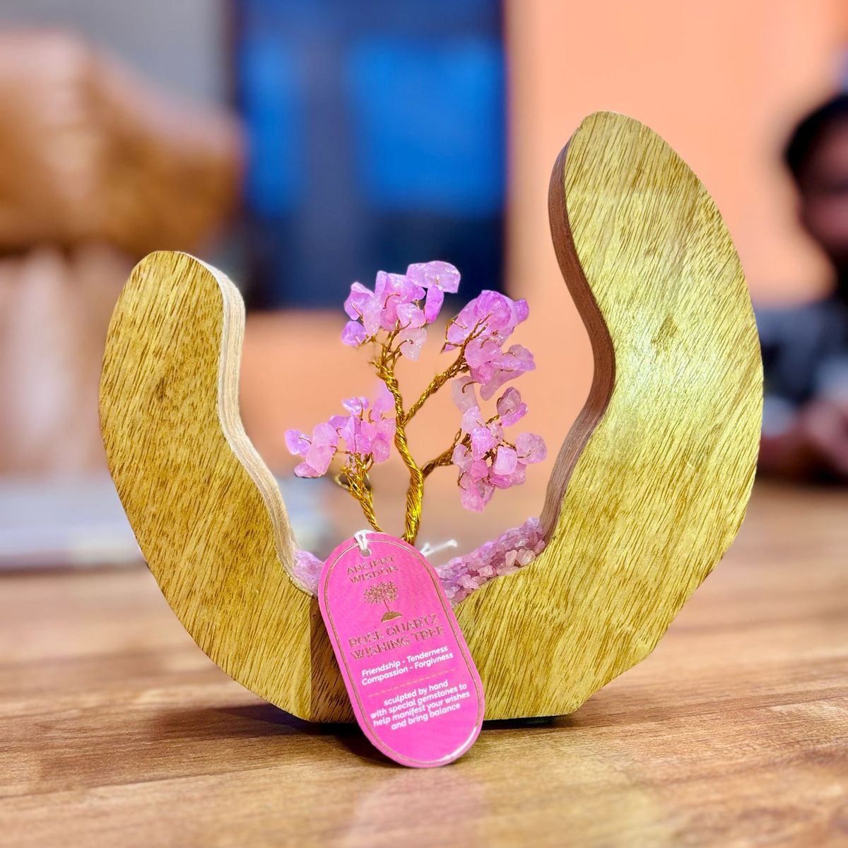 Gemstone Tree on Mango Wood Open Ring – Rose Quartz, 60 Chips