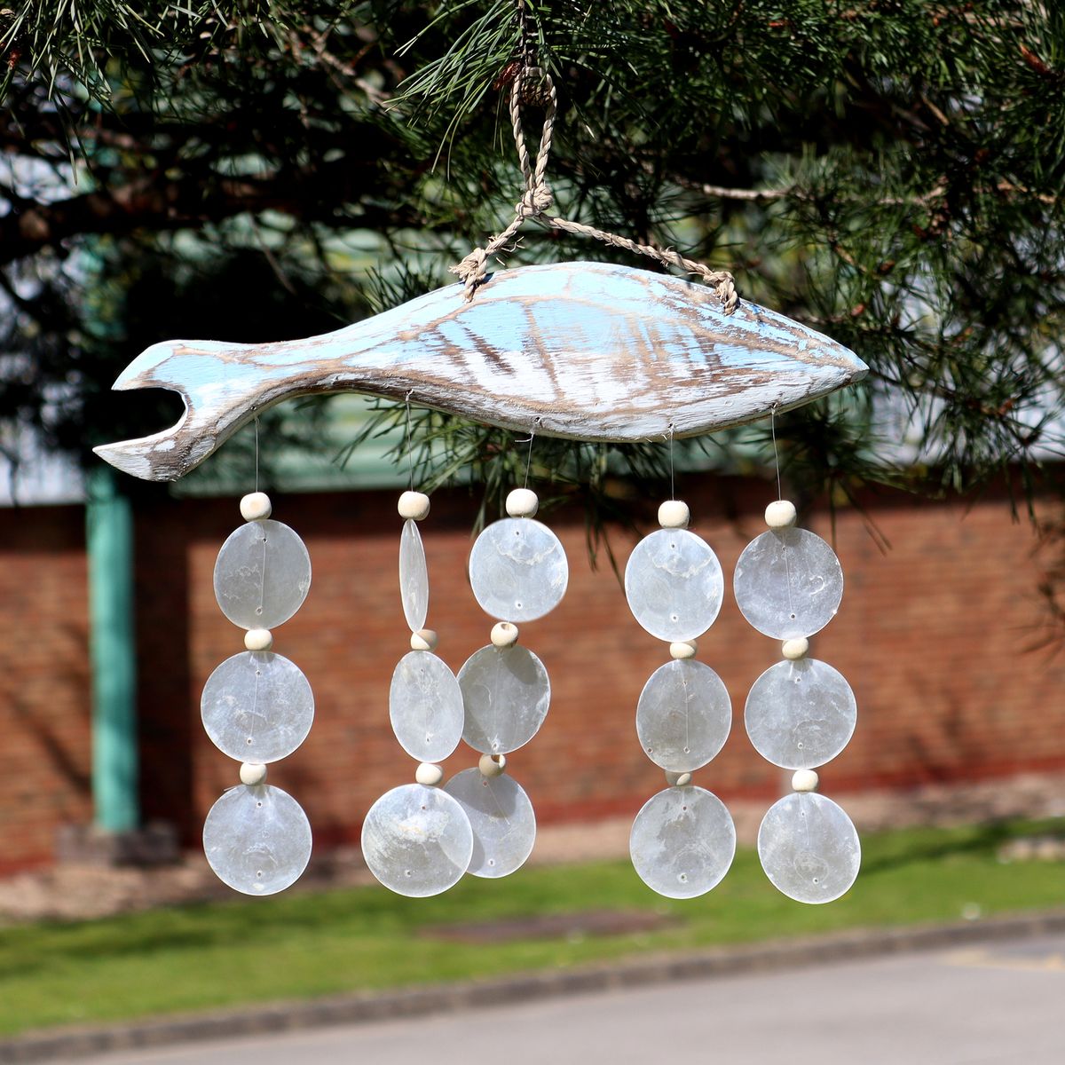 Bluewash Fish Carving with Natural Raffia and Driftwood Drop