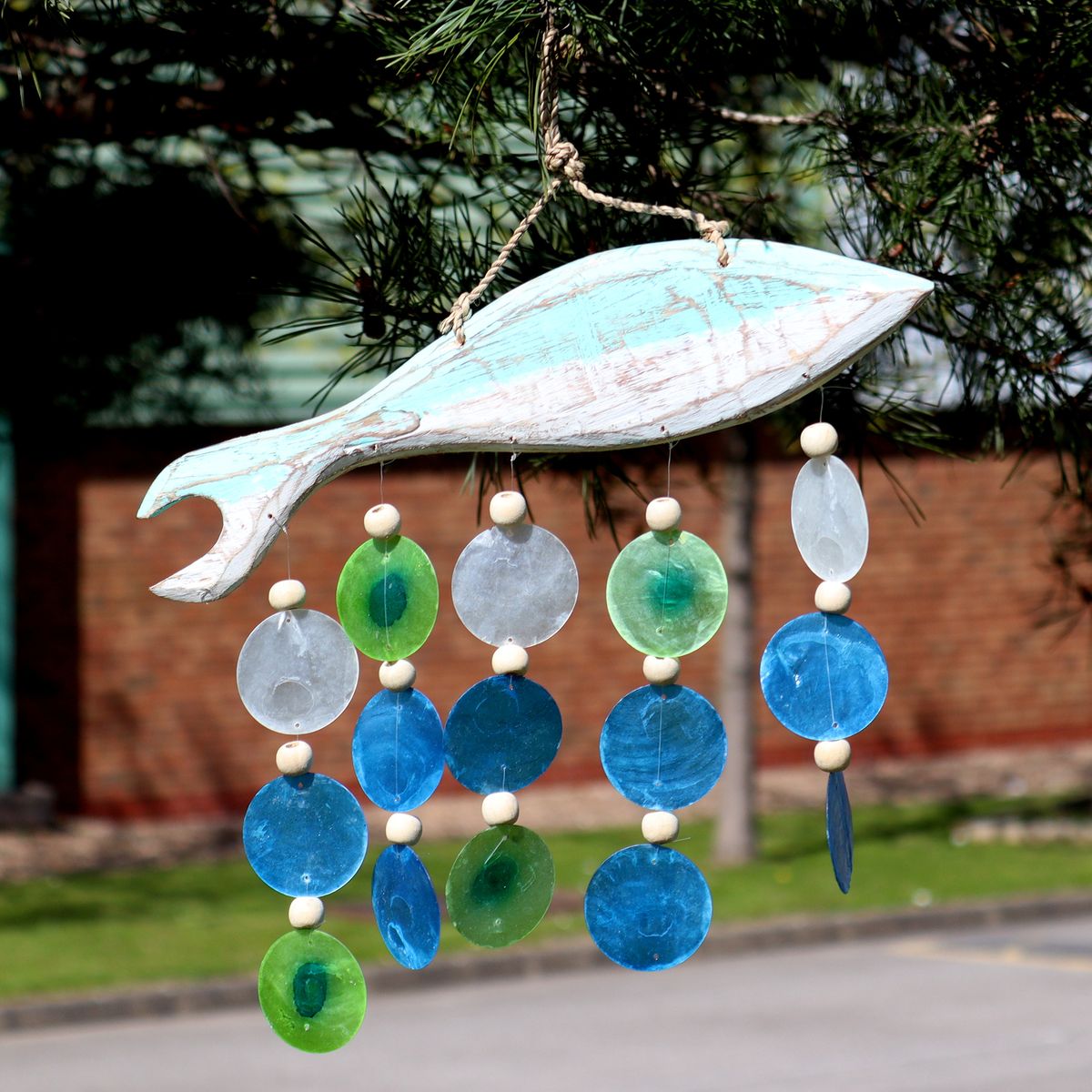 Aqua Fish Carving with Raffia and Driftwood Drop
