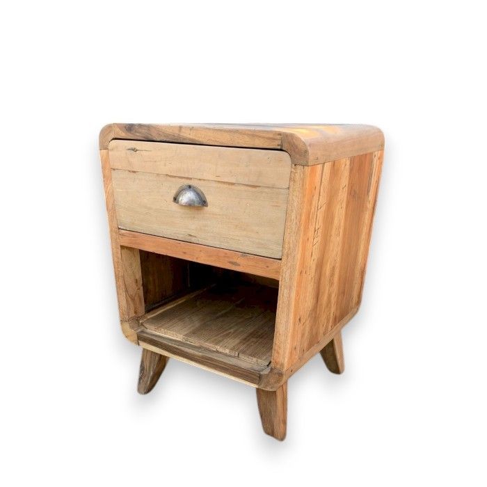 Recycled Wood Bedside Table – Round, One Drawer