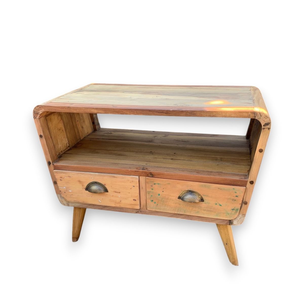 Small Round TV Stand with 2 Drawers – Recycled Teak