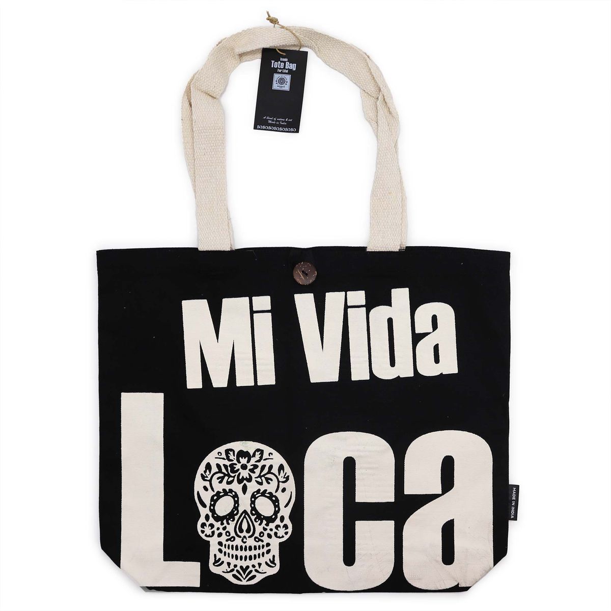 Iconic Classic Tote Bag – Mi Vida Loca, Black & Natural