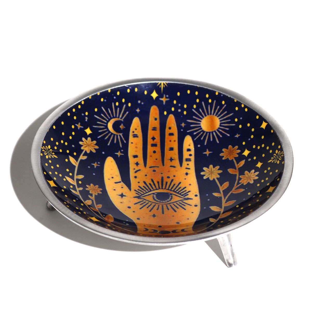 Triple Leg Enamelled Offering Plate – Hamsa, Midnight Blue