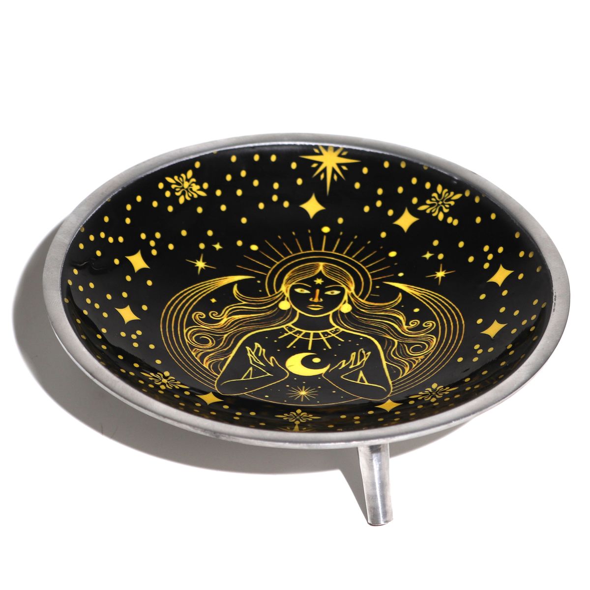 Enamelled Triple Leg Offering Plate – Gold Goddess on Black