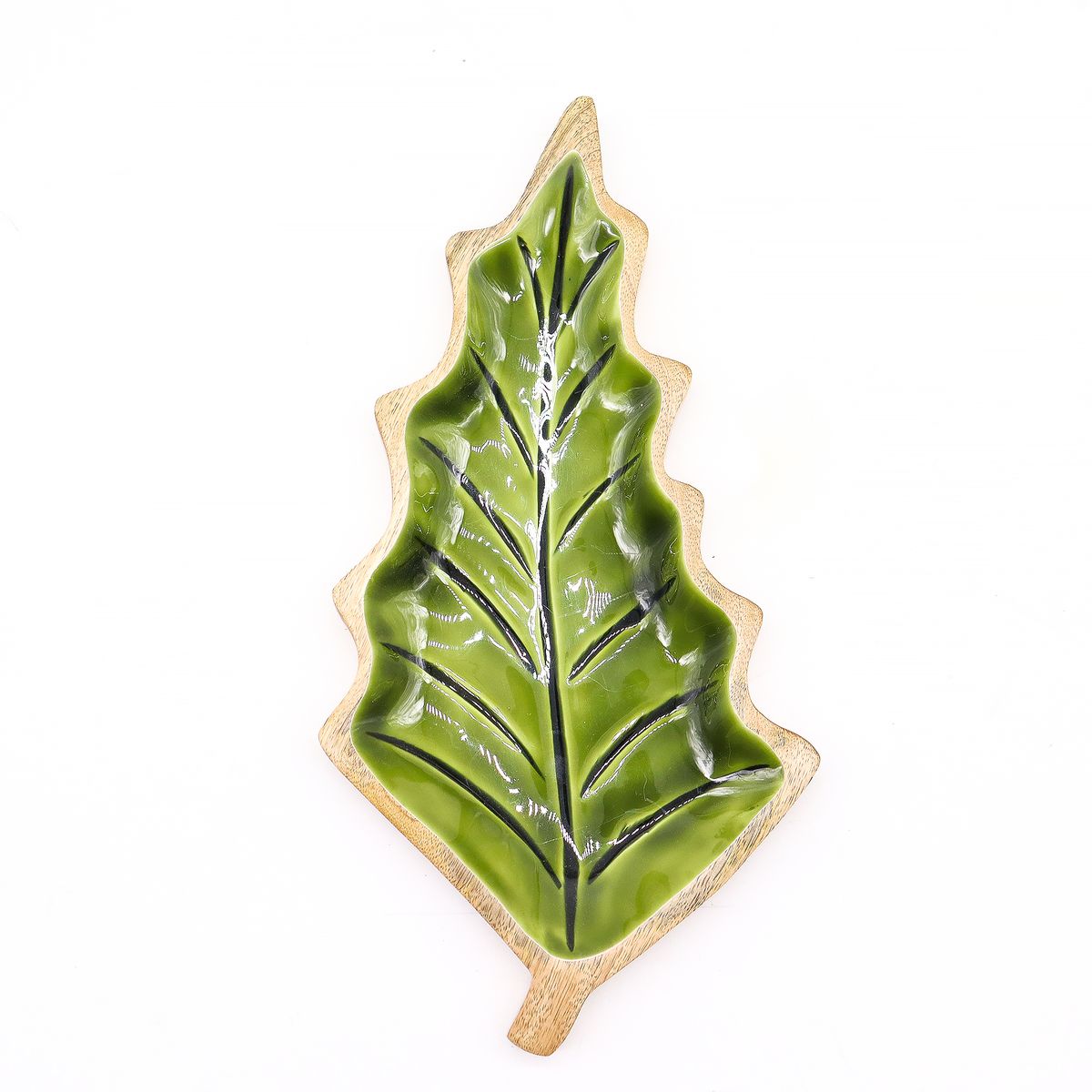 Lost in the Forest Enamel Leaf Wooden Bowl – 33 x 17cm