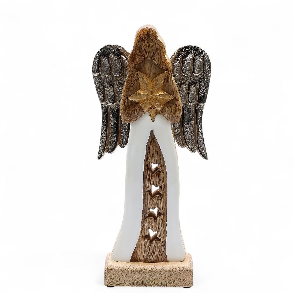 Mango Wood Star Angel with Metal Wings – 30cm