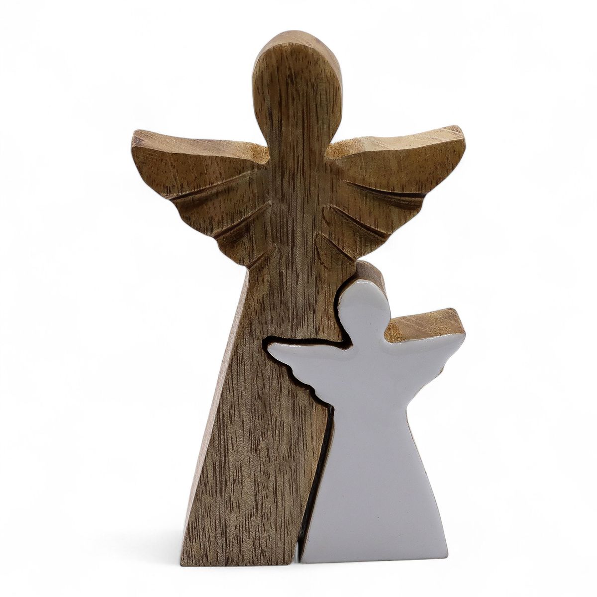 Mango Wood Angel in Angel – White Enamel Inlay