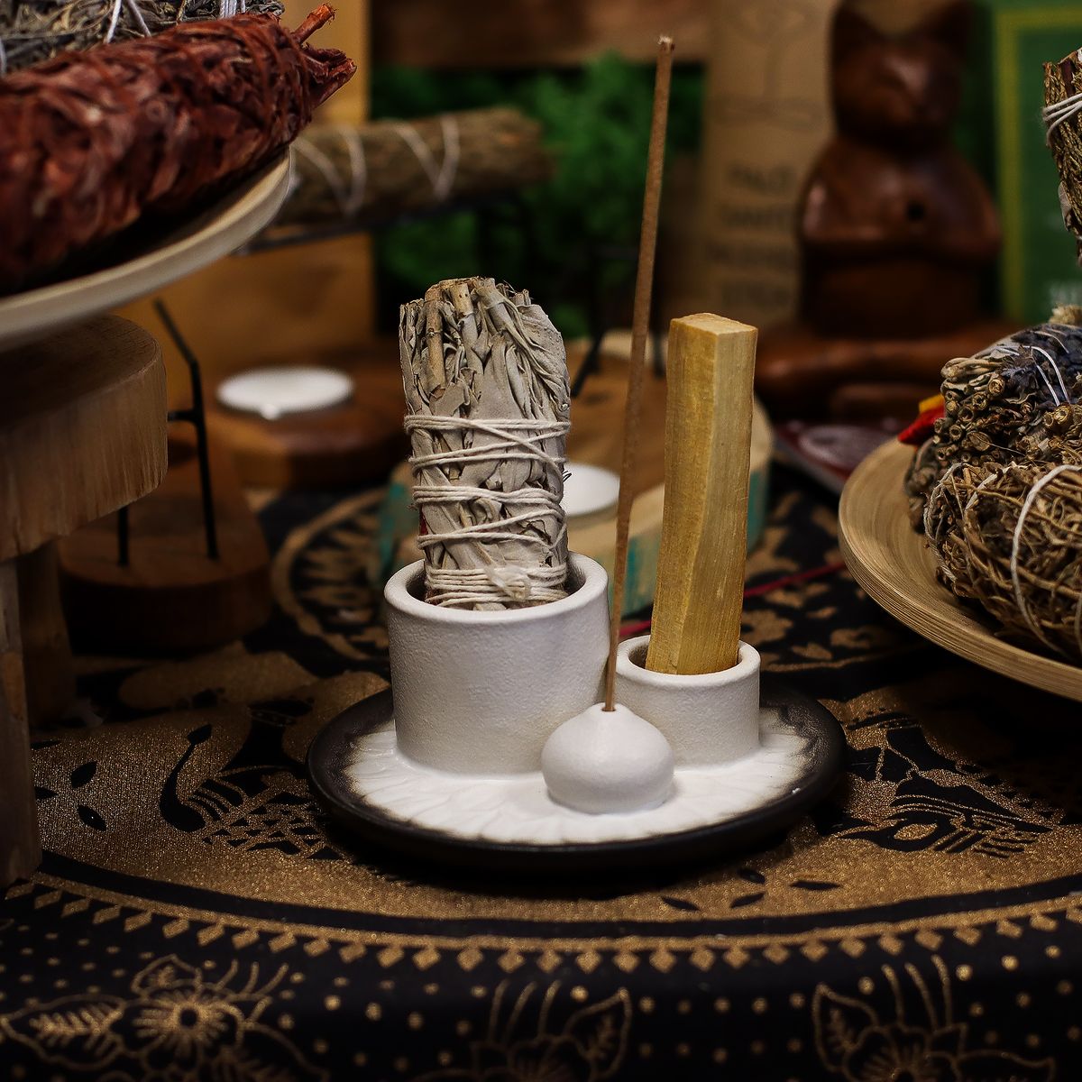 Ceramic Palo Santo & Smudge Holder – Mandala, White & Grey