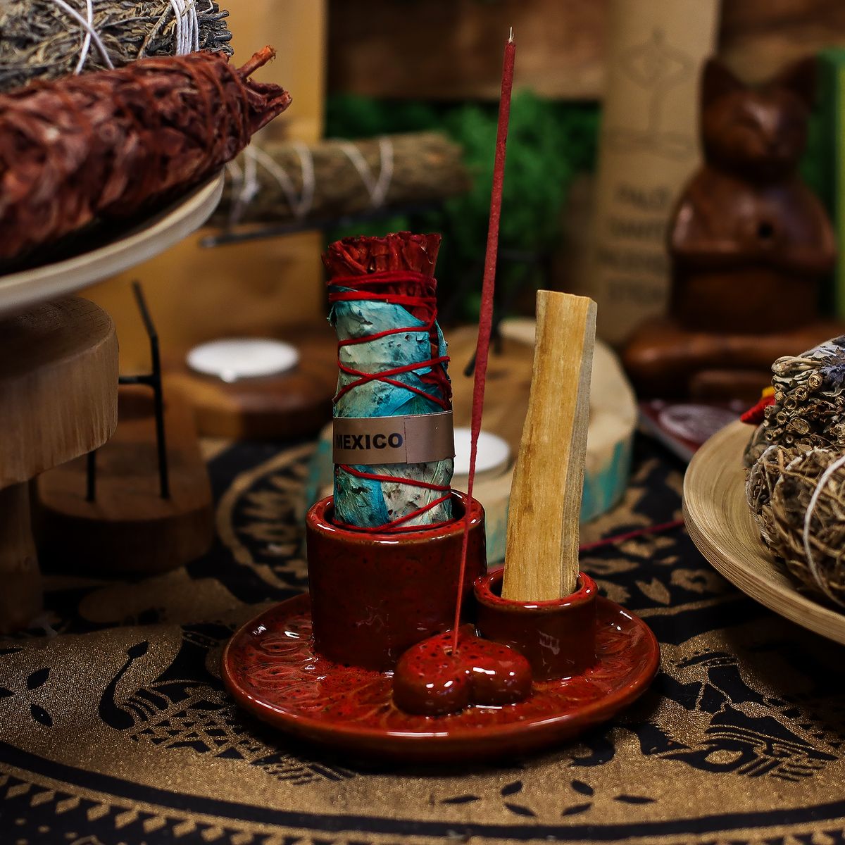 Ceramic Palo Santo & Smudge Holder – Mandala, Red with Heart