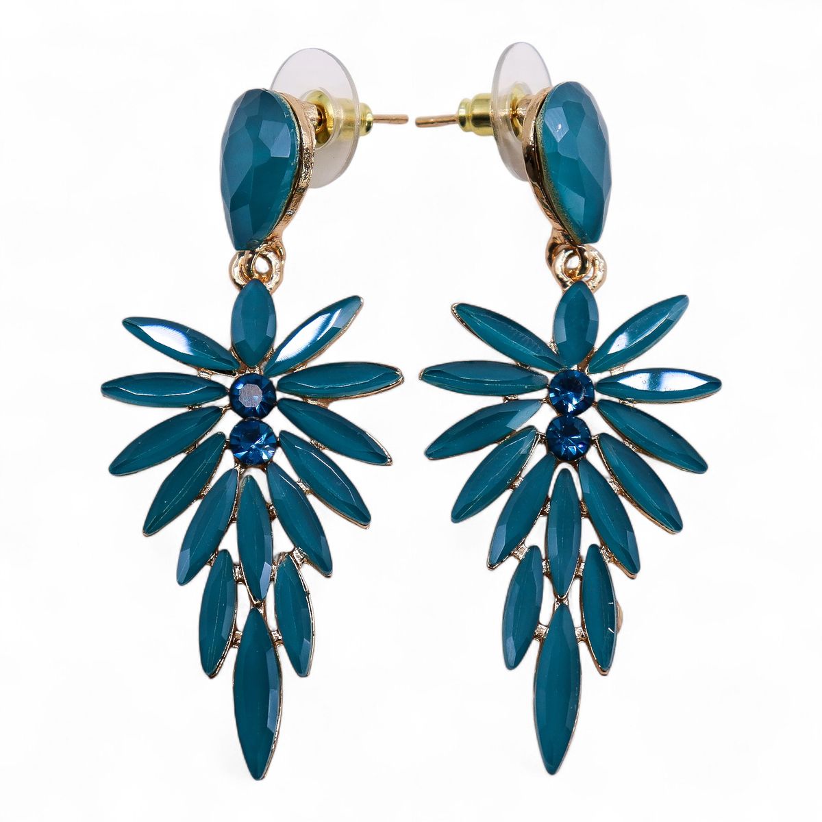 Vintage Glass Long Drop Earrings – Teal Green