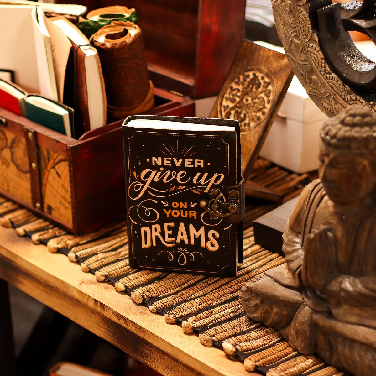 Never Give Up on Your Dreams Leather Notebook – 17.8 x 12.7cm