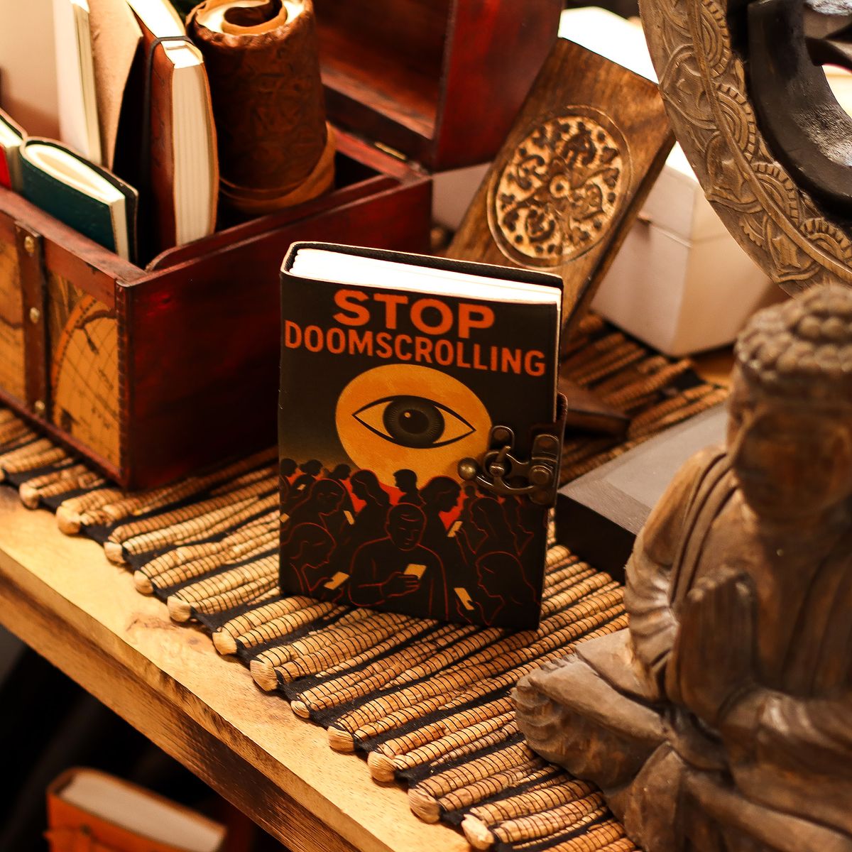 Stop Doom Scrolling Printed Leather Notebook – 17.8 x 12.7cm