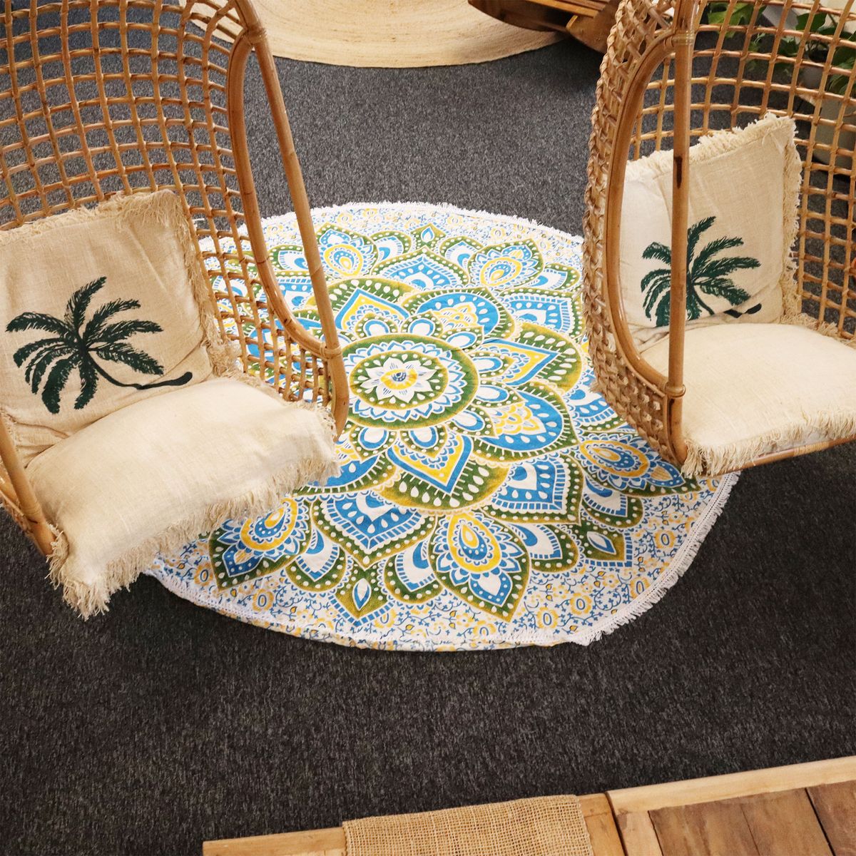 Round Mandala Cotton Wall Art – Yellow & Blue, 180cm