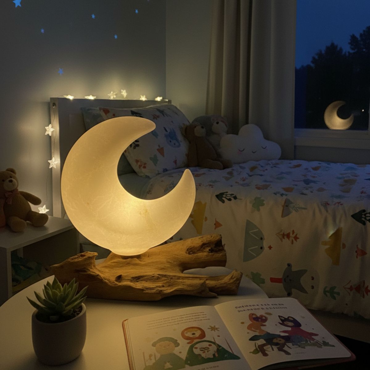DriftGlow Driftwood Lamp – Grey Crackle Half Moon Shade