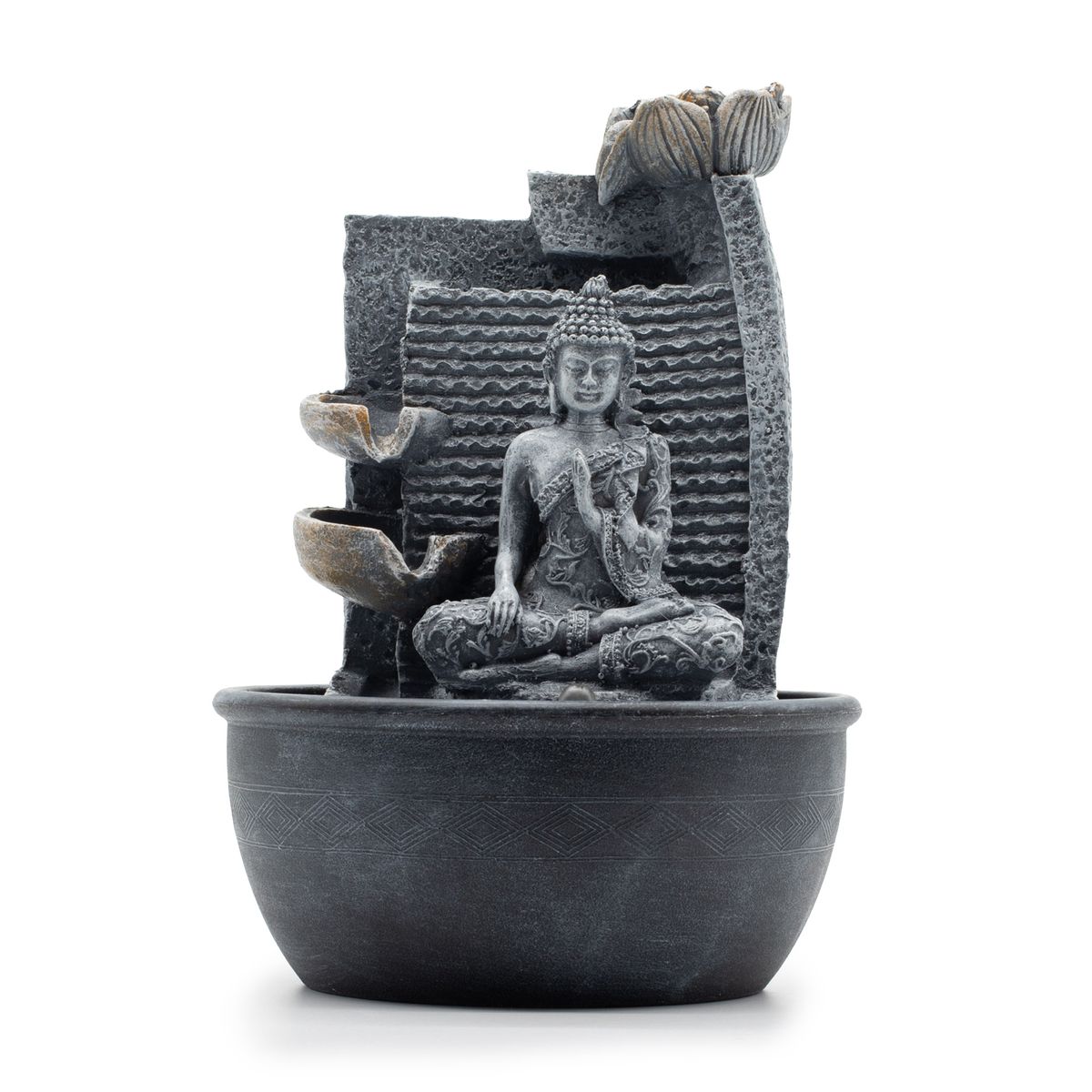 Tabletop Water Feature – Buddha & Lotus Cascading Pots, 19x19x28cm