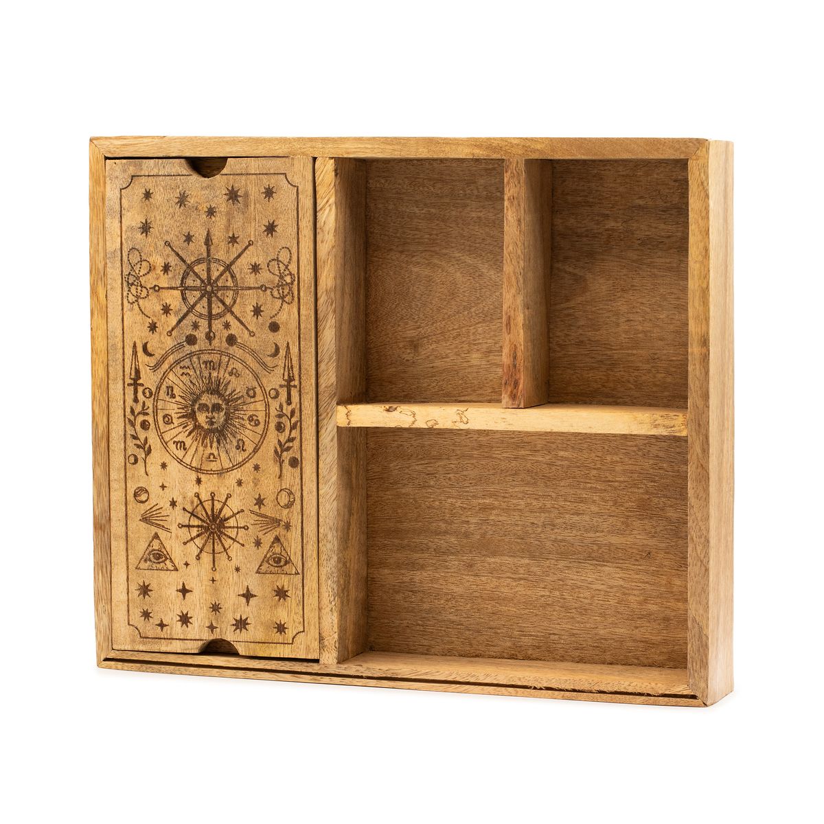 Four Section Tarot Box with Card Holder – Wide, Etched Symbols