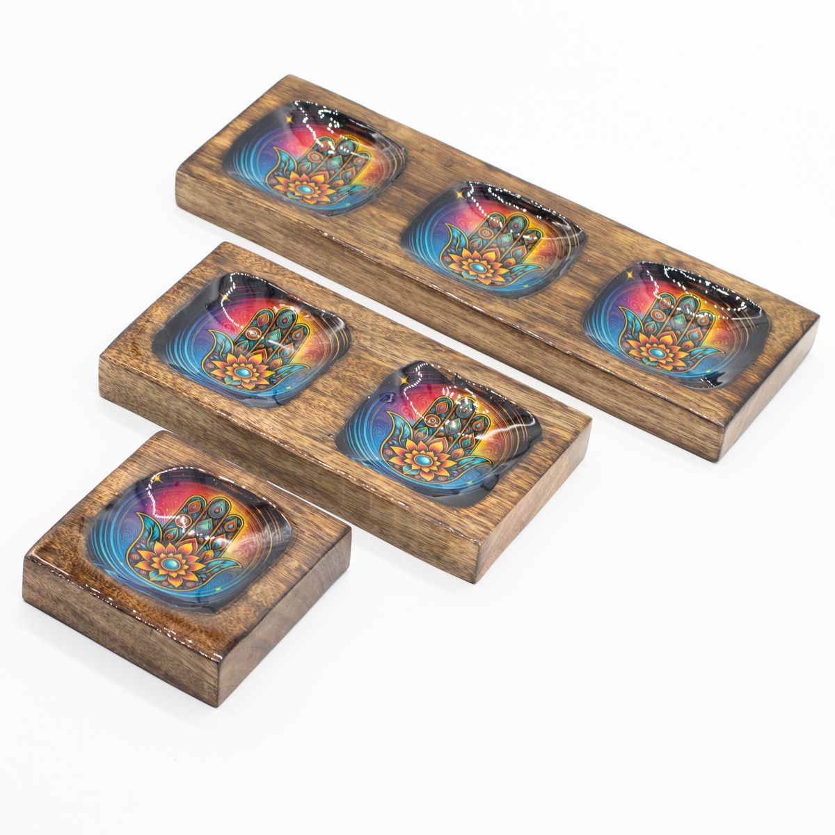 Enamelled Mango Wood Tray Set – Hamsa, Medium