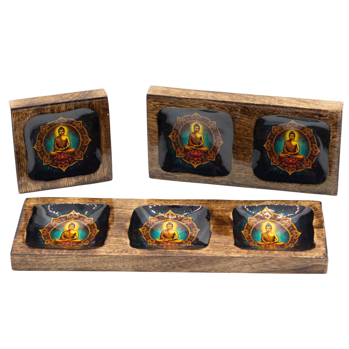 Enamelled Mango Wood Tray Set – Buddha, Large