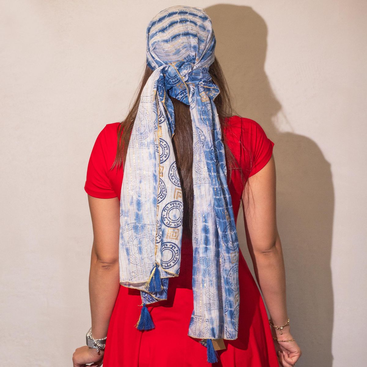Nomad Sari Marbella Print Scarf – Blue with Gold, 180x50cm