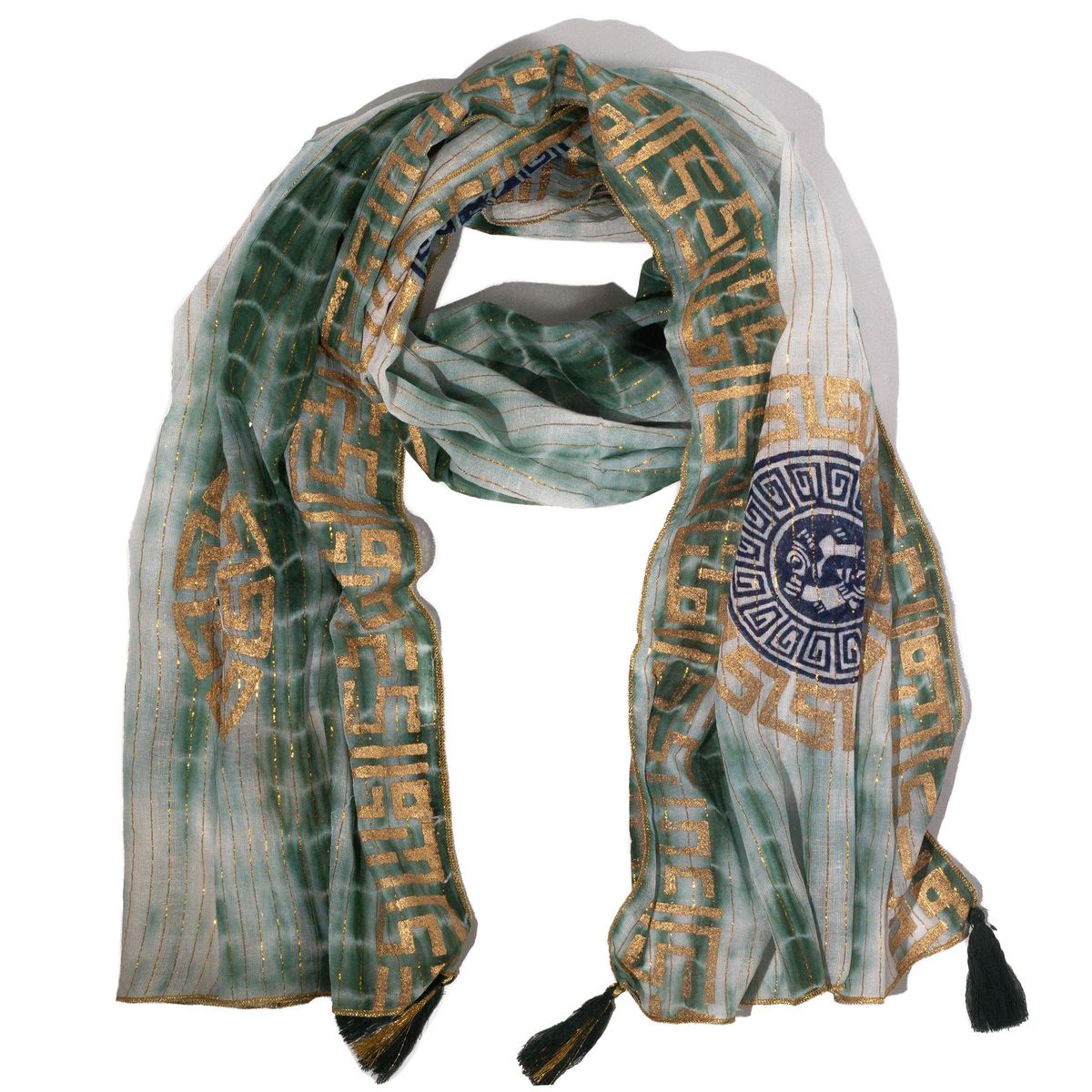 Nomad Sari Marbella Print Scarf – Green with Gold, 180x50cm