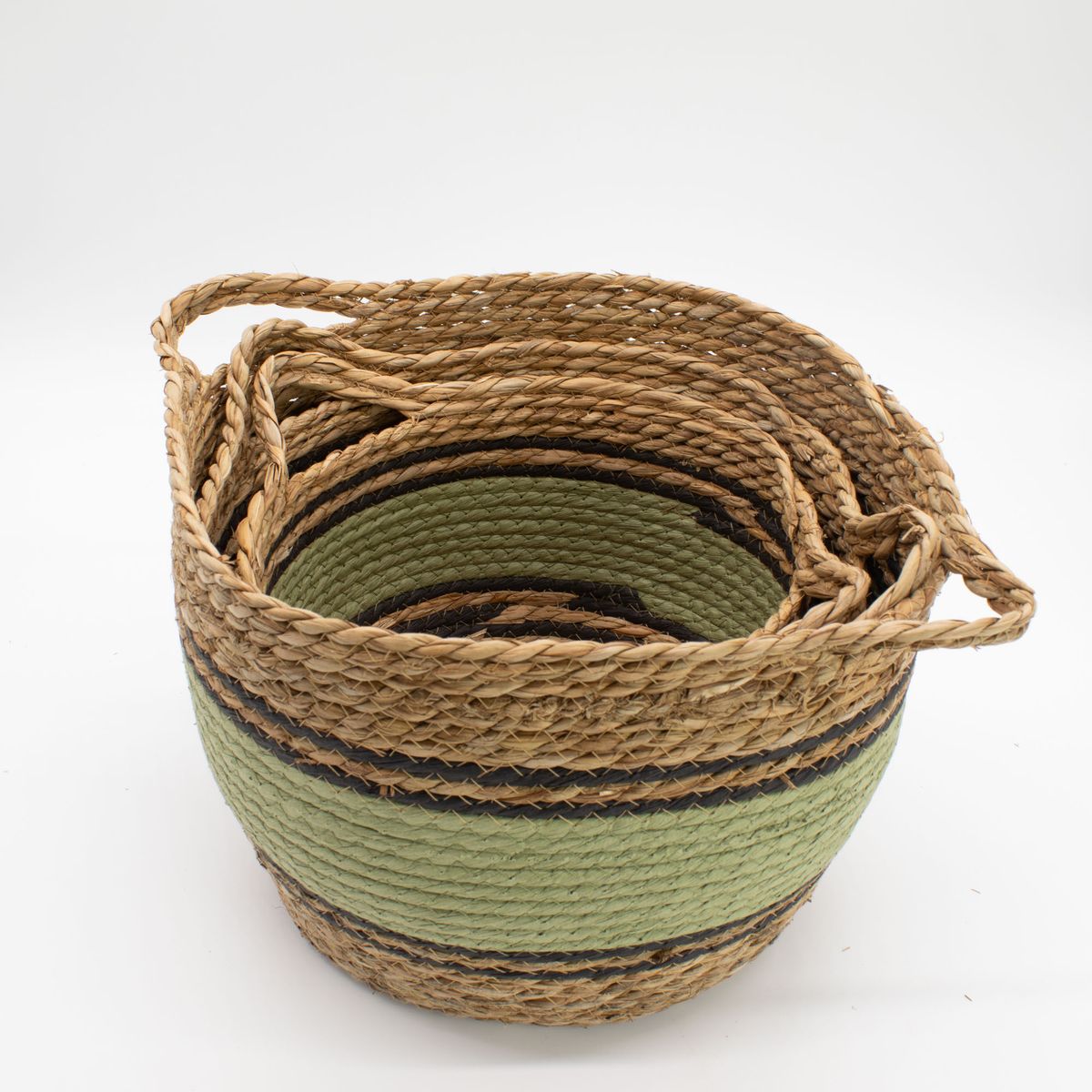 Cotton & Seagrass Baskets – Natural, Black & Green, Set of 3