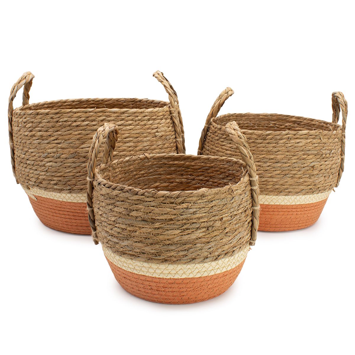 Straw & Seagrass Large Baskets – Natural & Orange, Set of 3