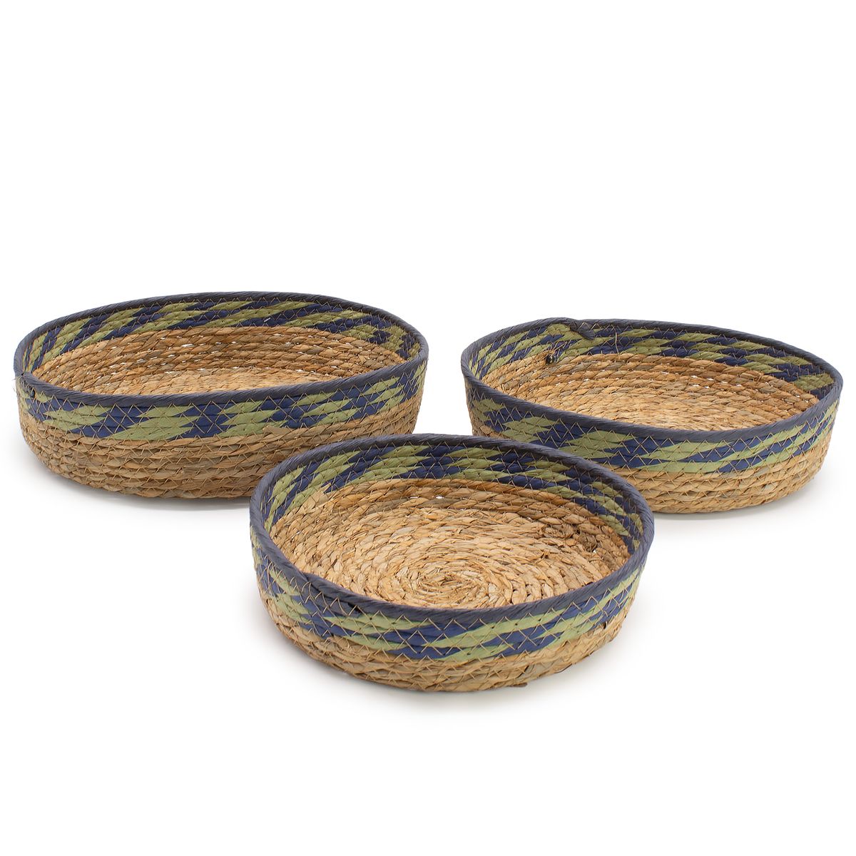 Straw & Seagrass Tray Baskets – Natural Green & Blue, Set of 3