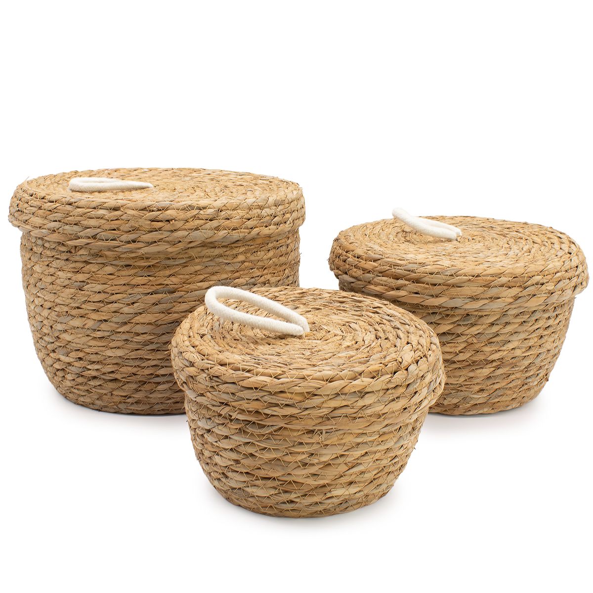 Seagrass & Cotton Round Baskets with Lids – Natural, Set of 3