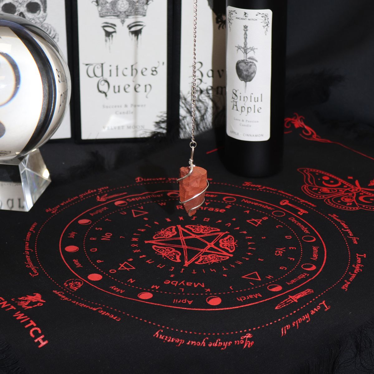 Ancient Witch Pendulum Cloth – Mystic Moth, Black & Blood Red