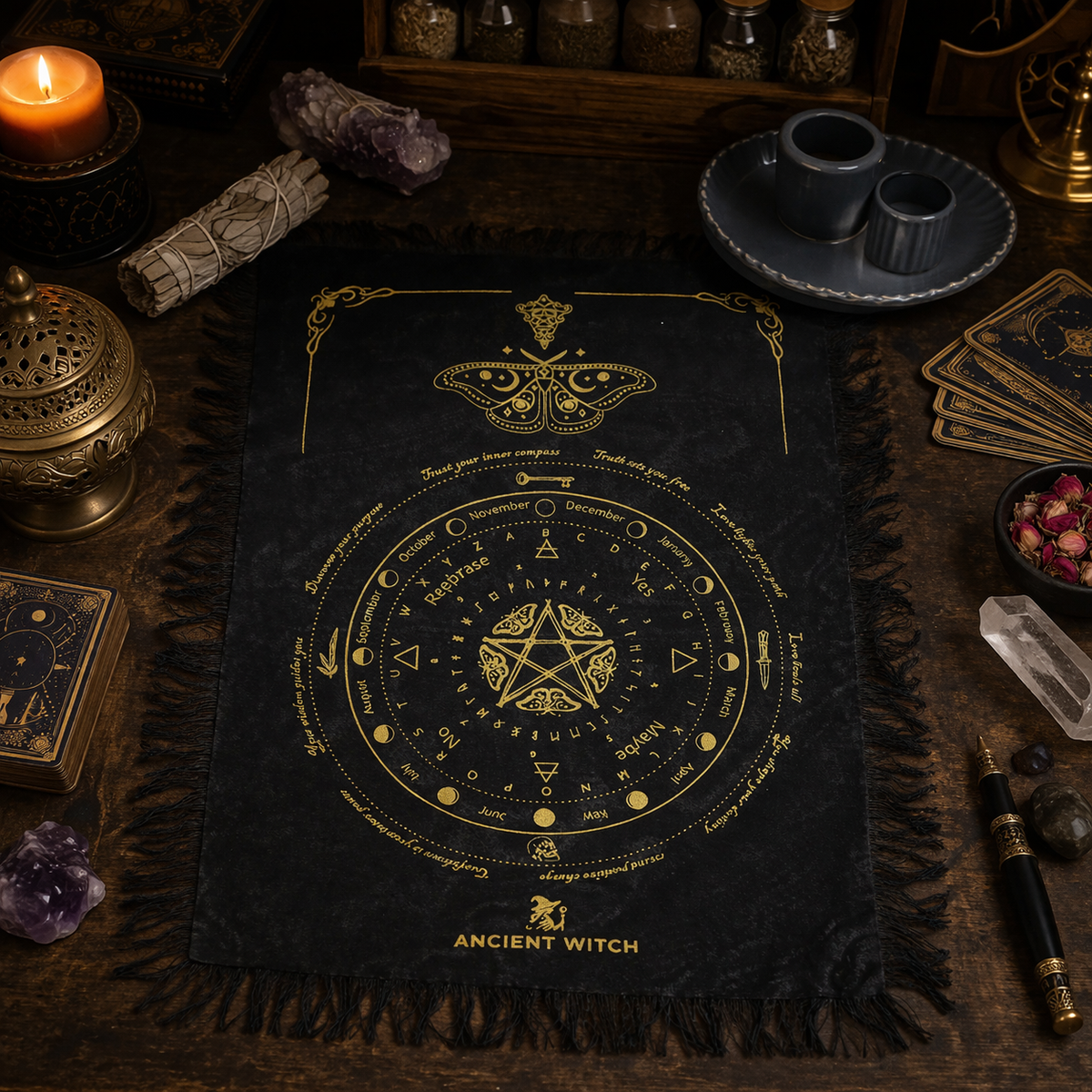 Ancient Witch Pendulum Cloth – Mystic Moth, Black & Gold