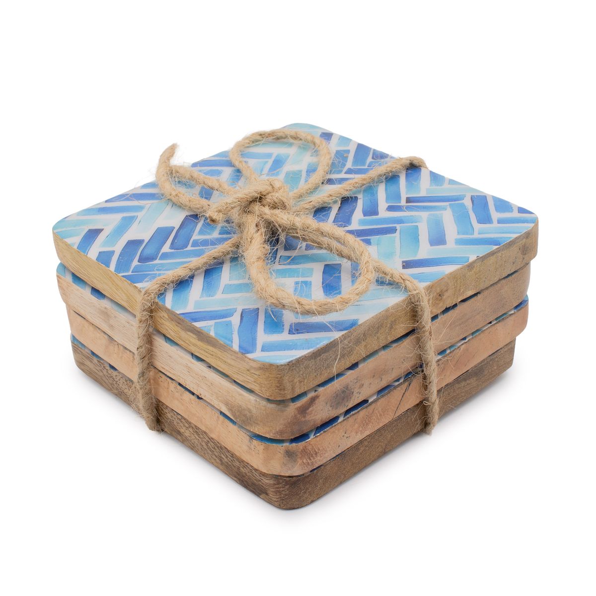 Square Mango Wood Coasters – Blue Stripes, Set of 4