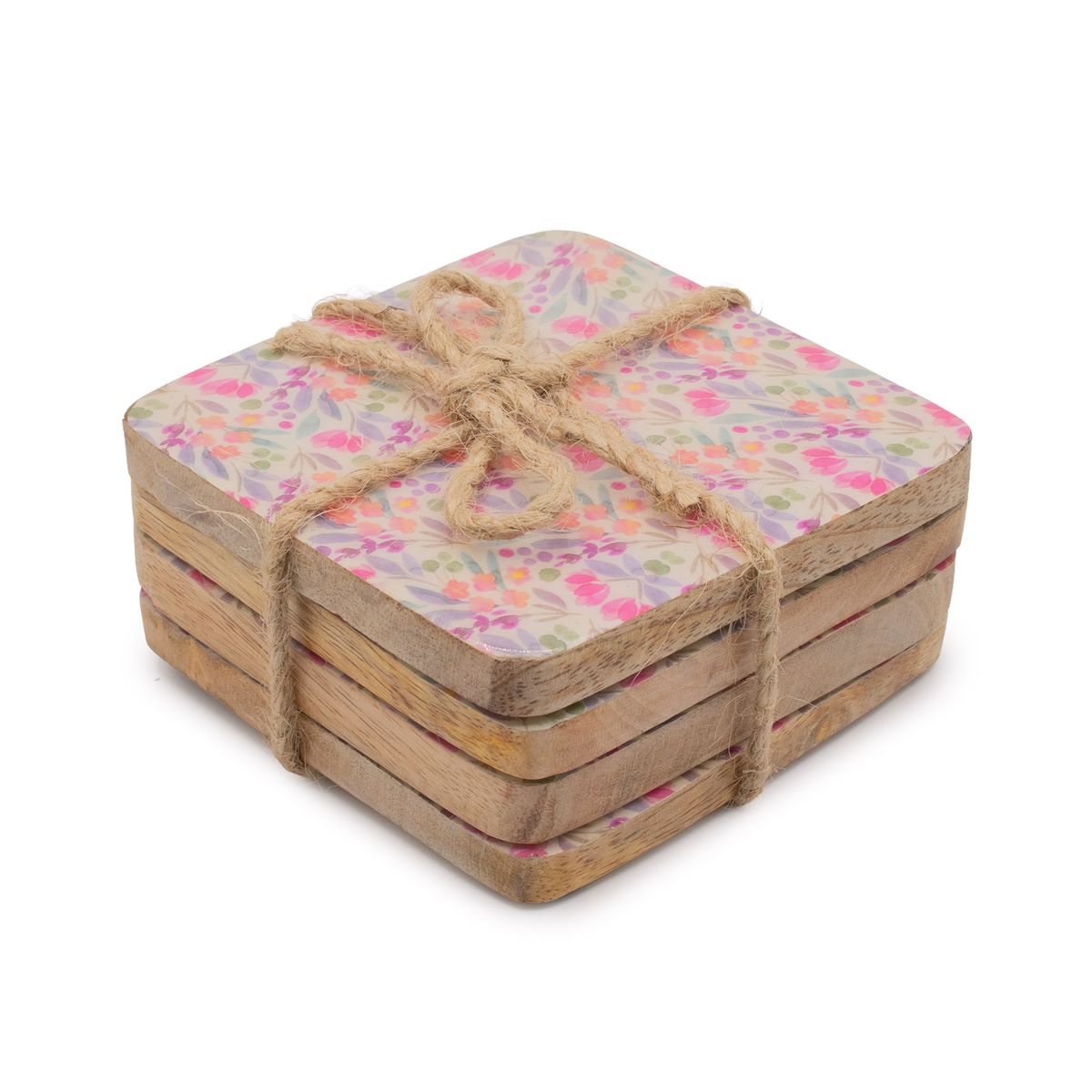 Square Mango Wood Coasters – Pretty Floral, Set of 4