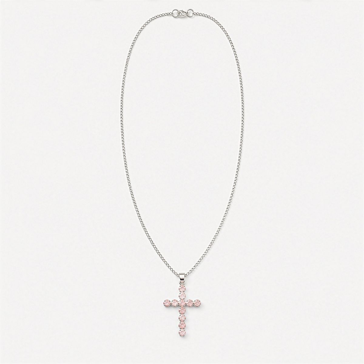 Silver Plated Rose Quartz Crucifix Pendant – 45cm Chain