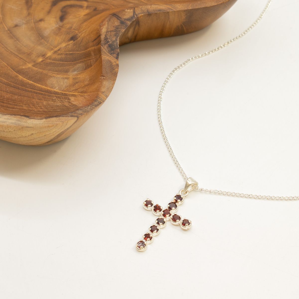 Silver Plated Garnet Crucifix Pendant – 45cm Chain