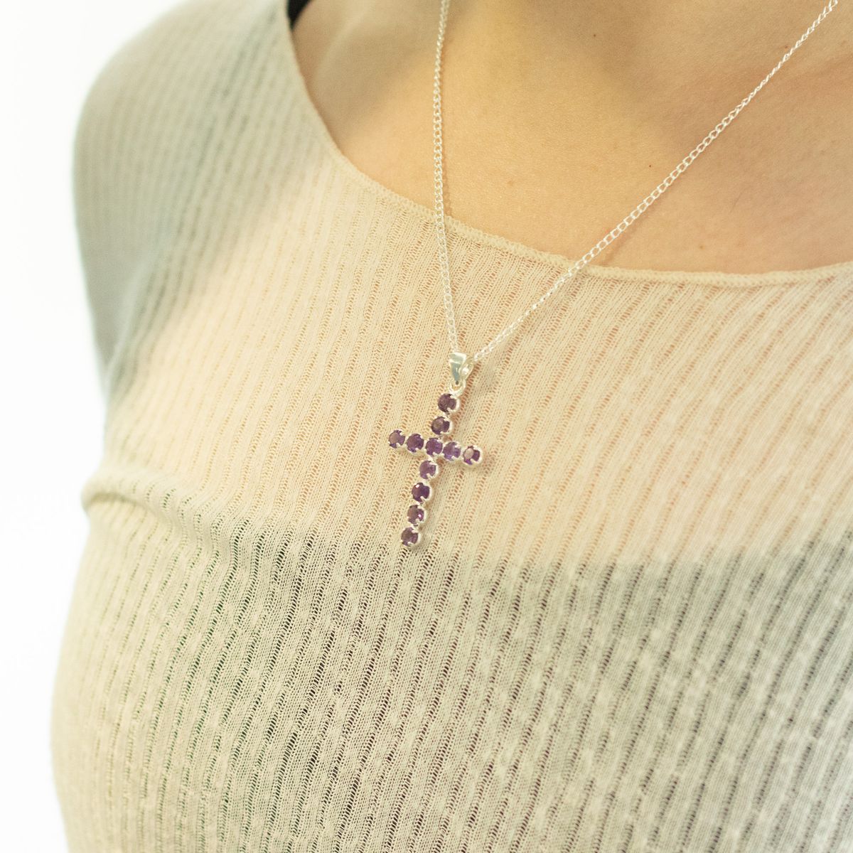 Silver Plated Amethyst Crucifix Pendant – 45cm Chain