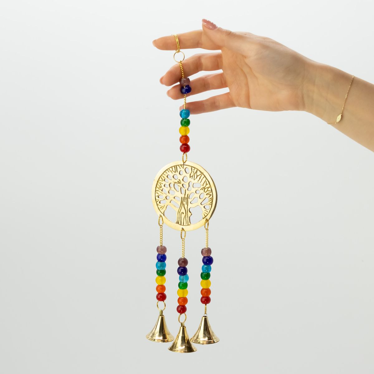 Indian Wind Chime – Brass Tree of Life & Chakra Beads, 3 Bells