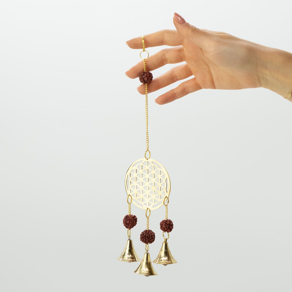 Indian Wind Chime – Brass Flower of Life & Rudraksha, 3 Bells
