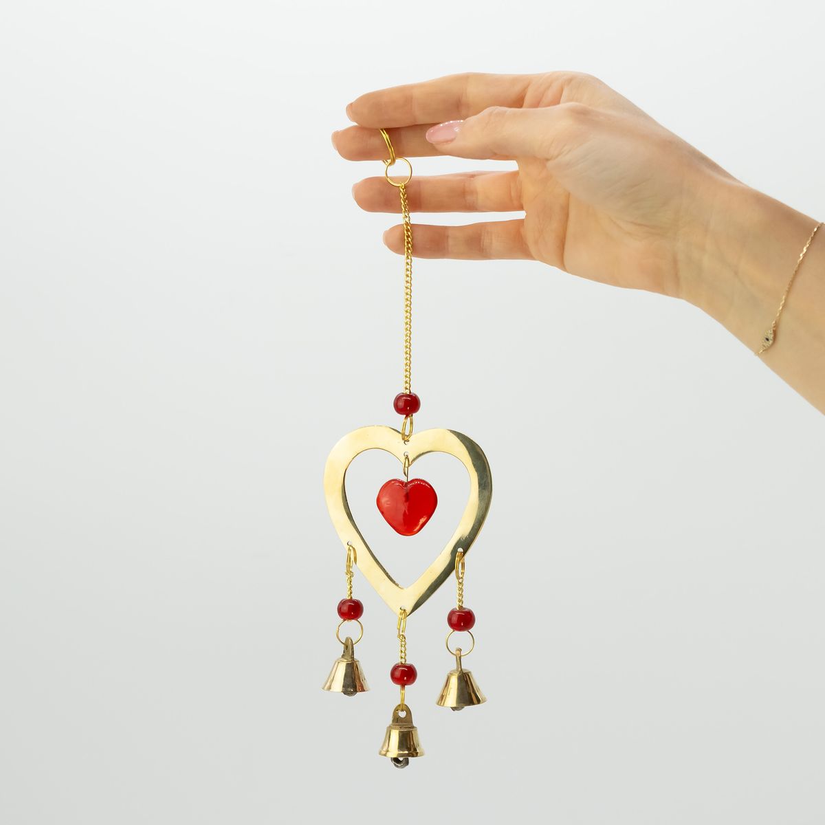 Indian Wind Chime – Brass Ruby Glass Heart Beads, 3 Bells