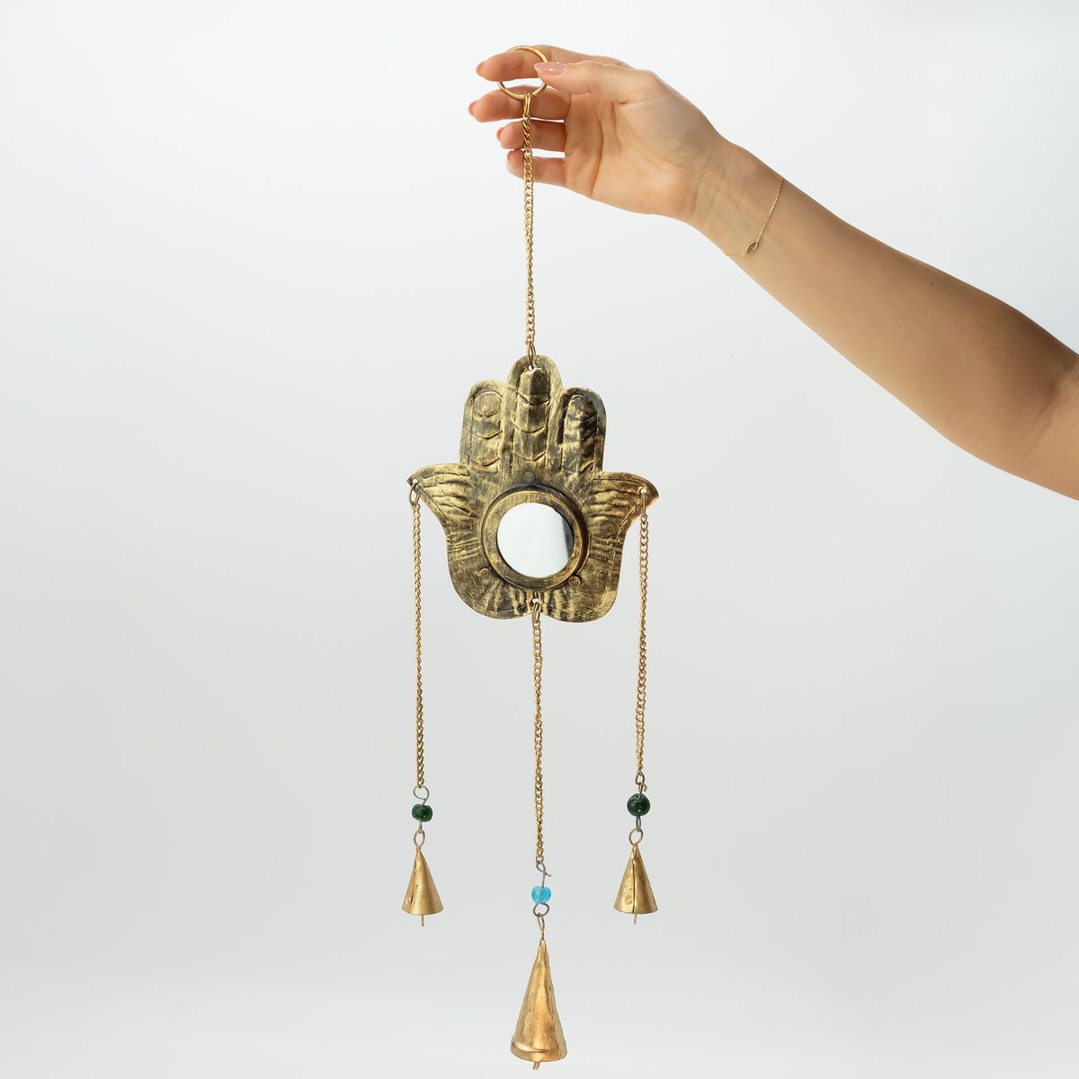 Indian Wind Chime – Hamsa, Small Mirror, 3 Bells
