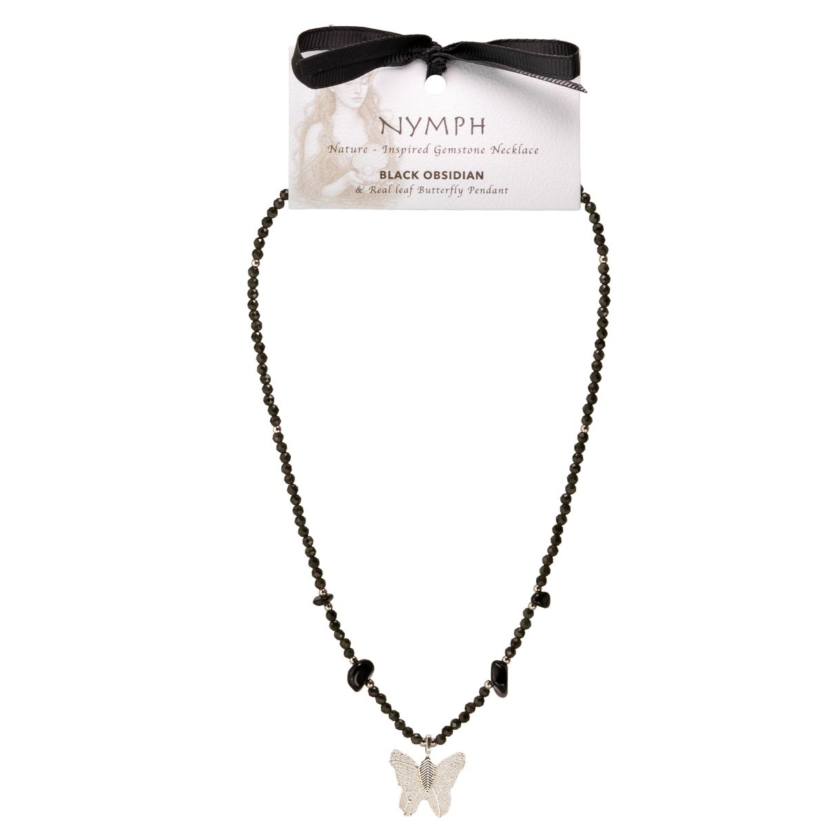 Nymph Real Leaf Butterfly Gemstone Necklace – Black Obsidian