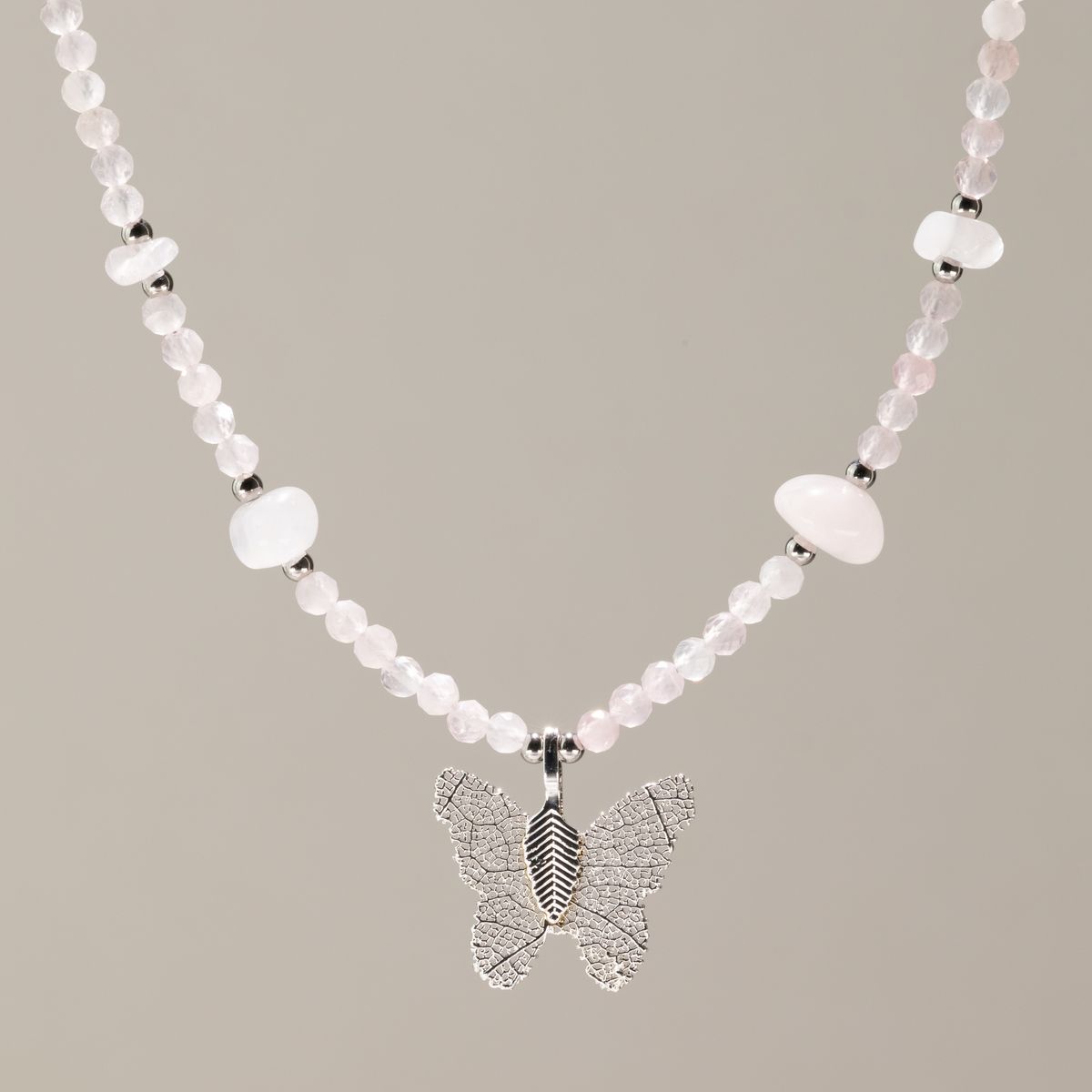 Nymph Real Leaf Butterfly Gemstone Necklace – Rose Quartz