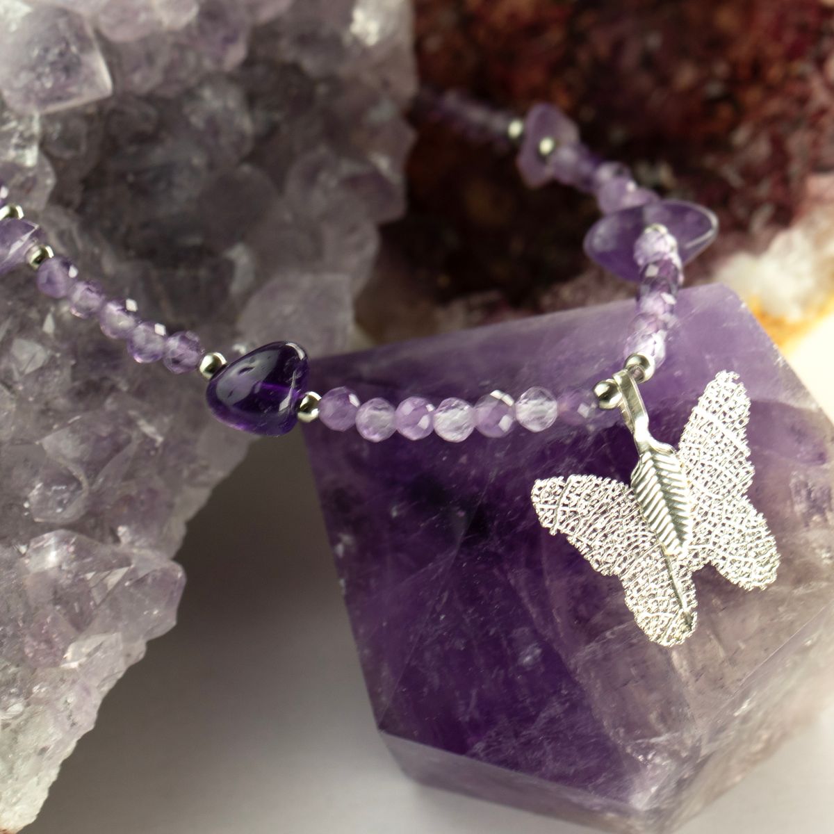Nymph Real Leaf Butterfly Gemstone Necklace – Amethyst