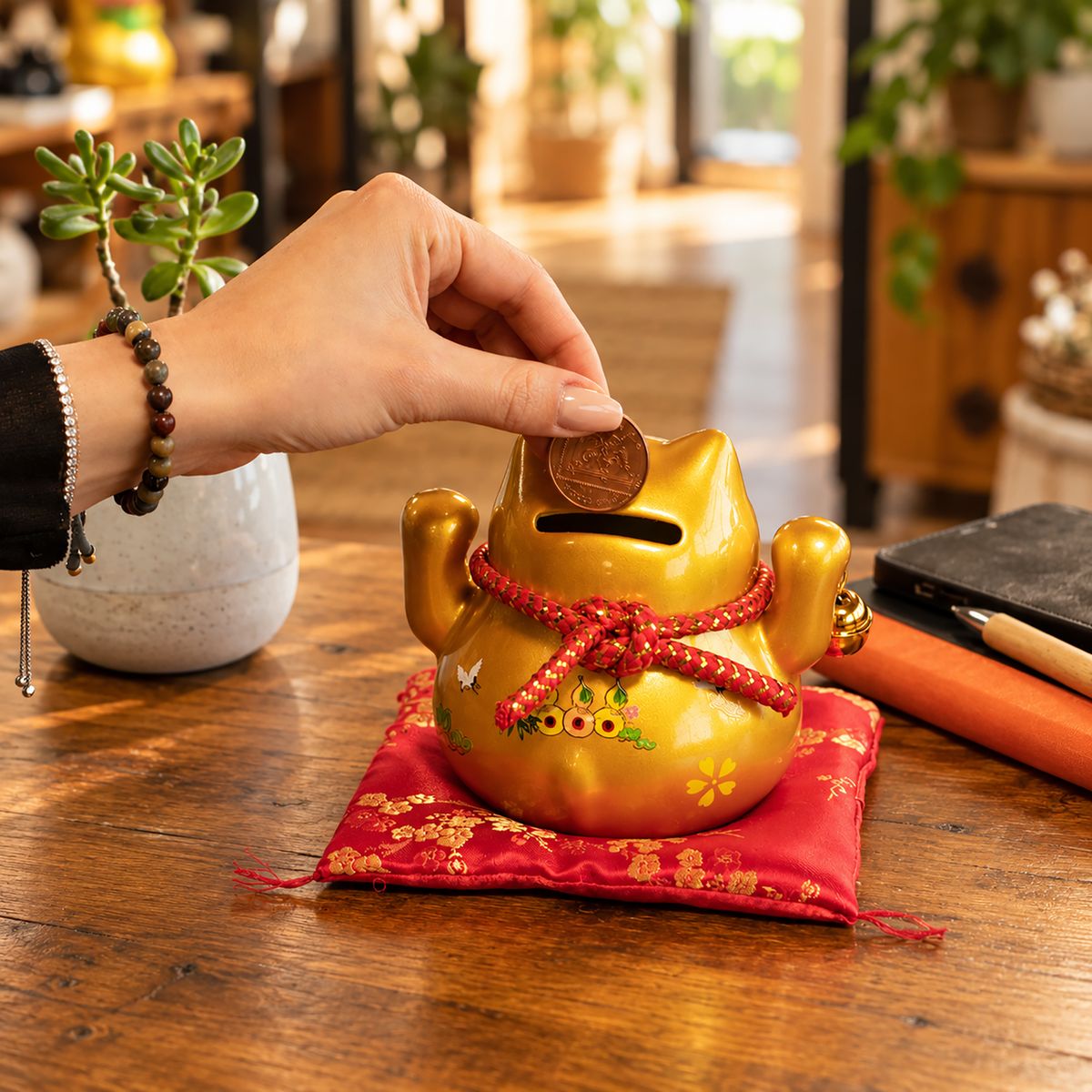 Ceramic Money Cat Bank on Cushion – Gold