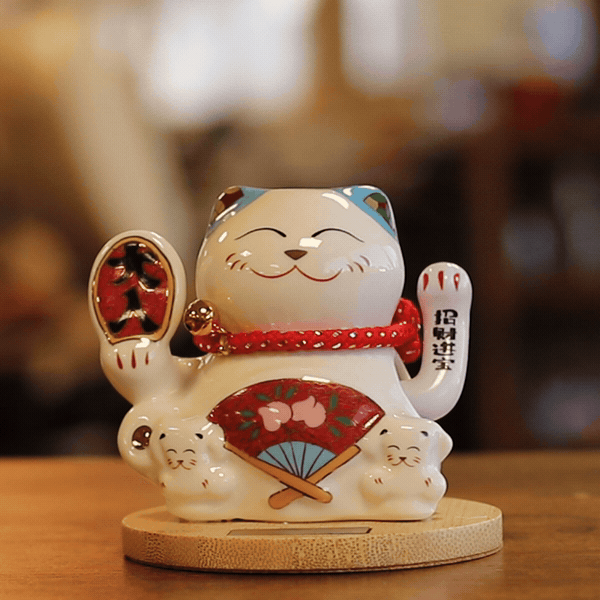 Solar Money Cat on Wooden Base – Blue