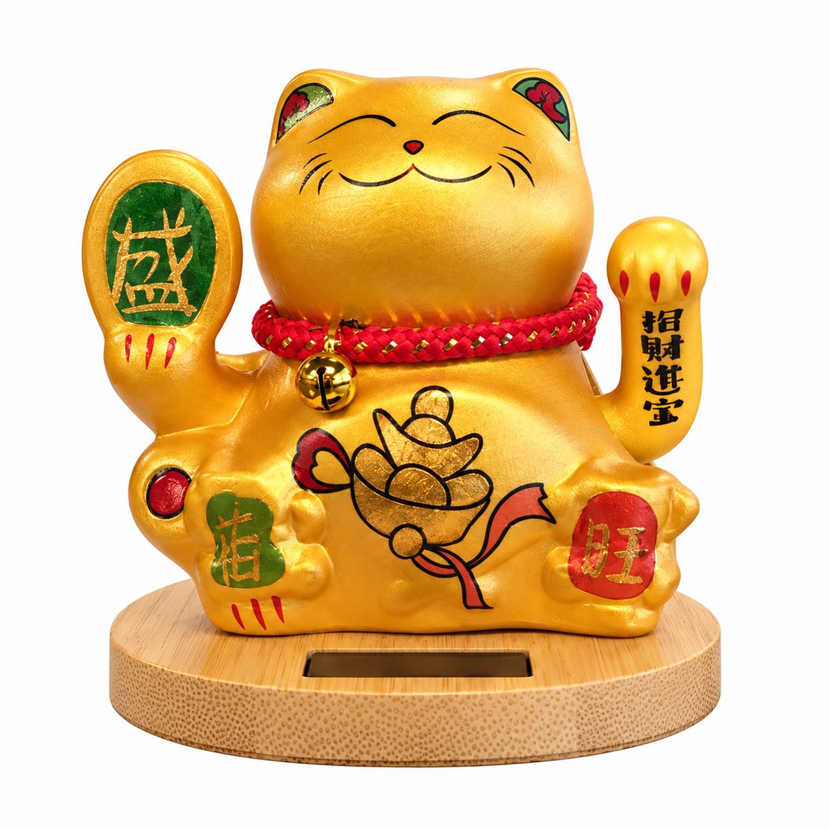 Solar Money Cat on Wooden Base – Gold