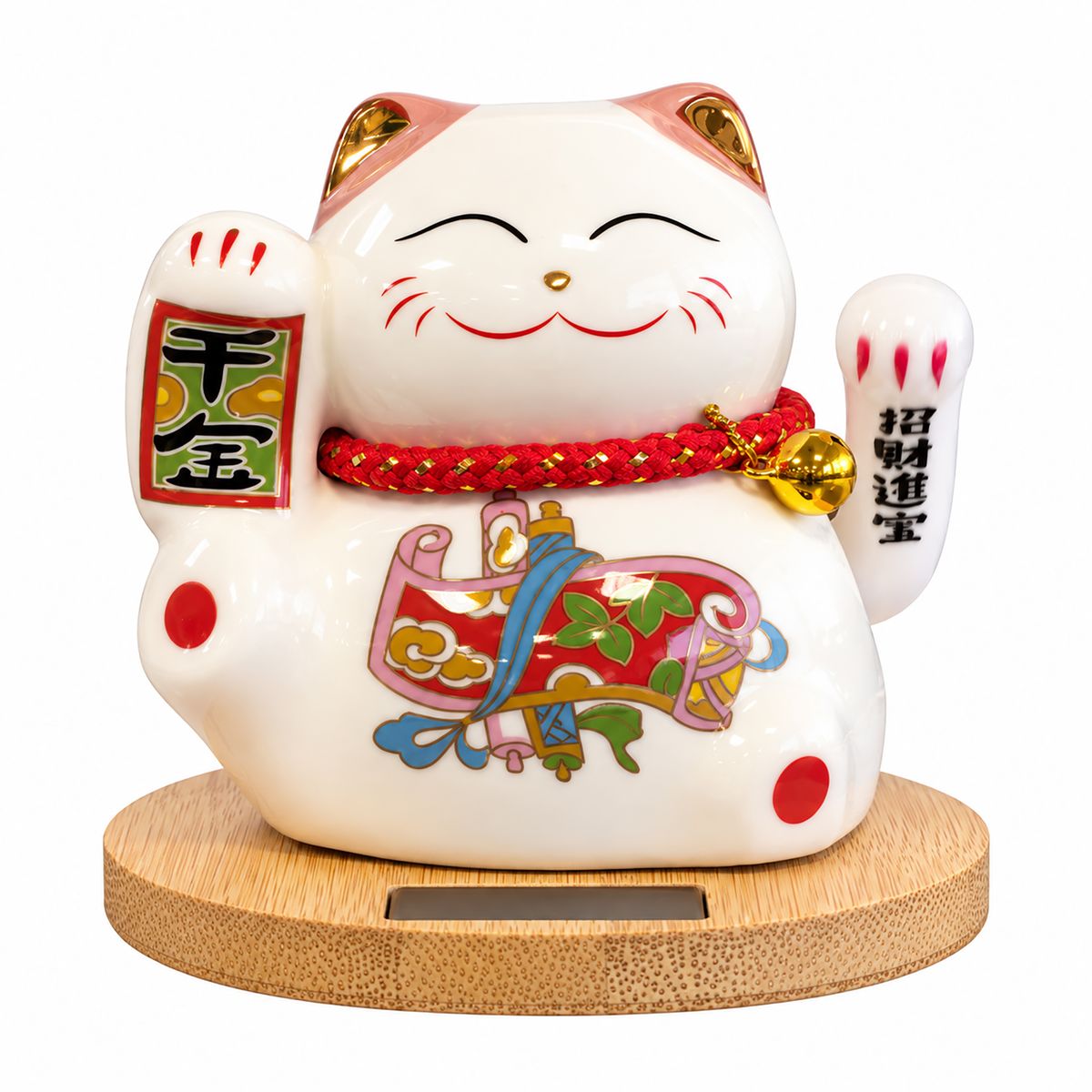 Solar Money Cat on Wooden Base – Pink